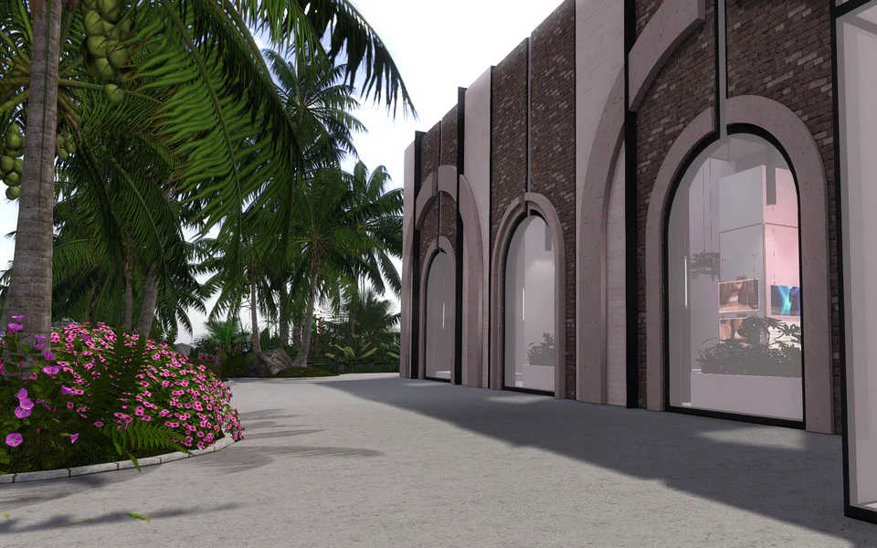 Palm-lined Second Life fashion boutique with arched display windows