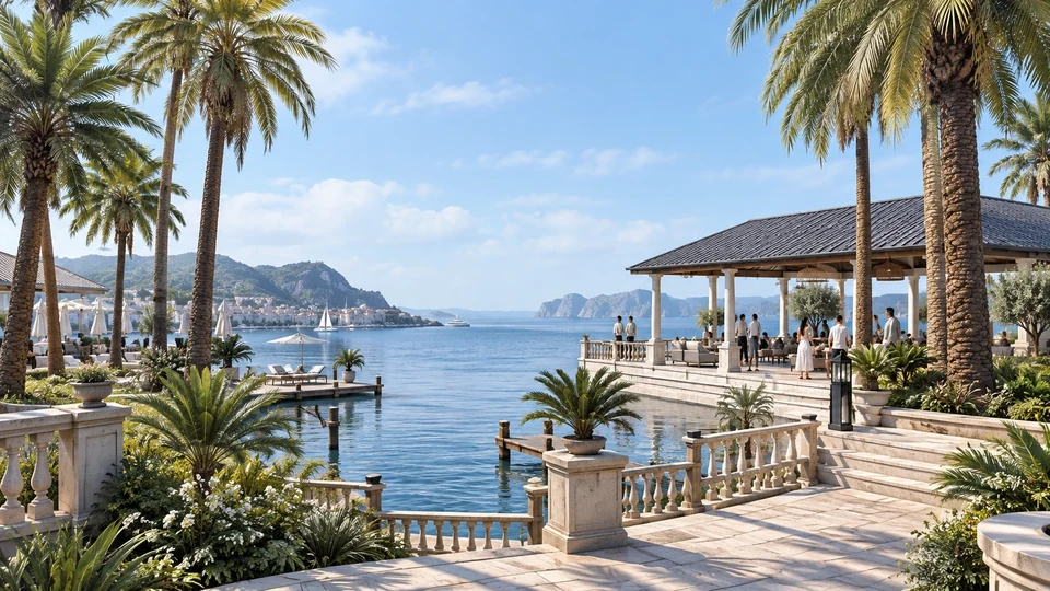 Palm-lined Second Life waterfront terrace overlooking a peaceful bay