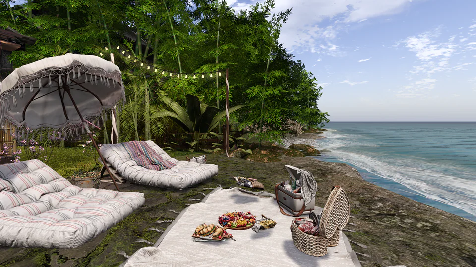 Second Life waterfront picnic with cushioned seats, bamboo and a view across the bay