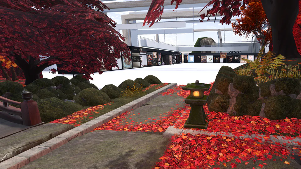 Autumn trees and a lantern-lined path leading to Second Life event vendor booths
